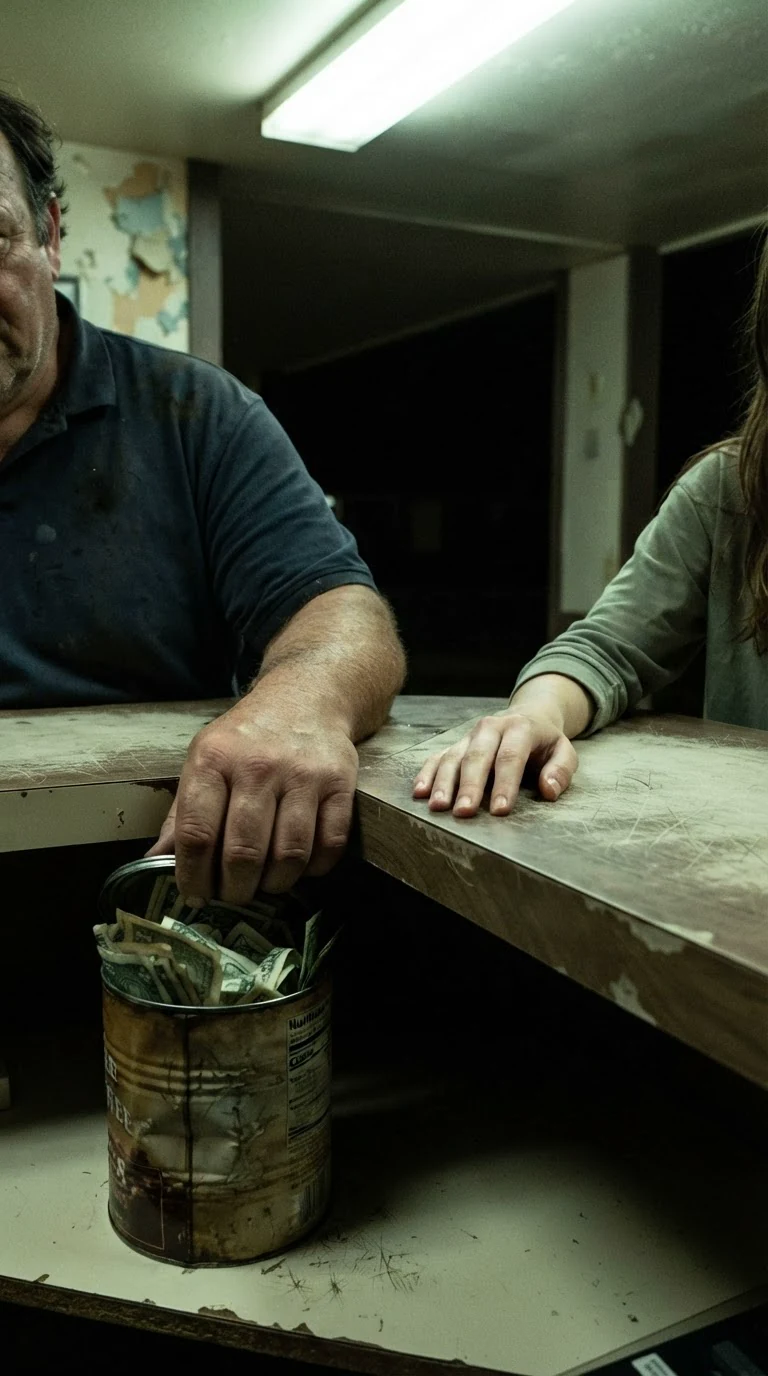 Close view of a big man's hand sliding a coffee can of cash out of reach under a counter.