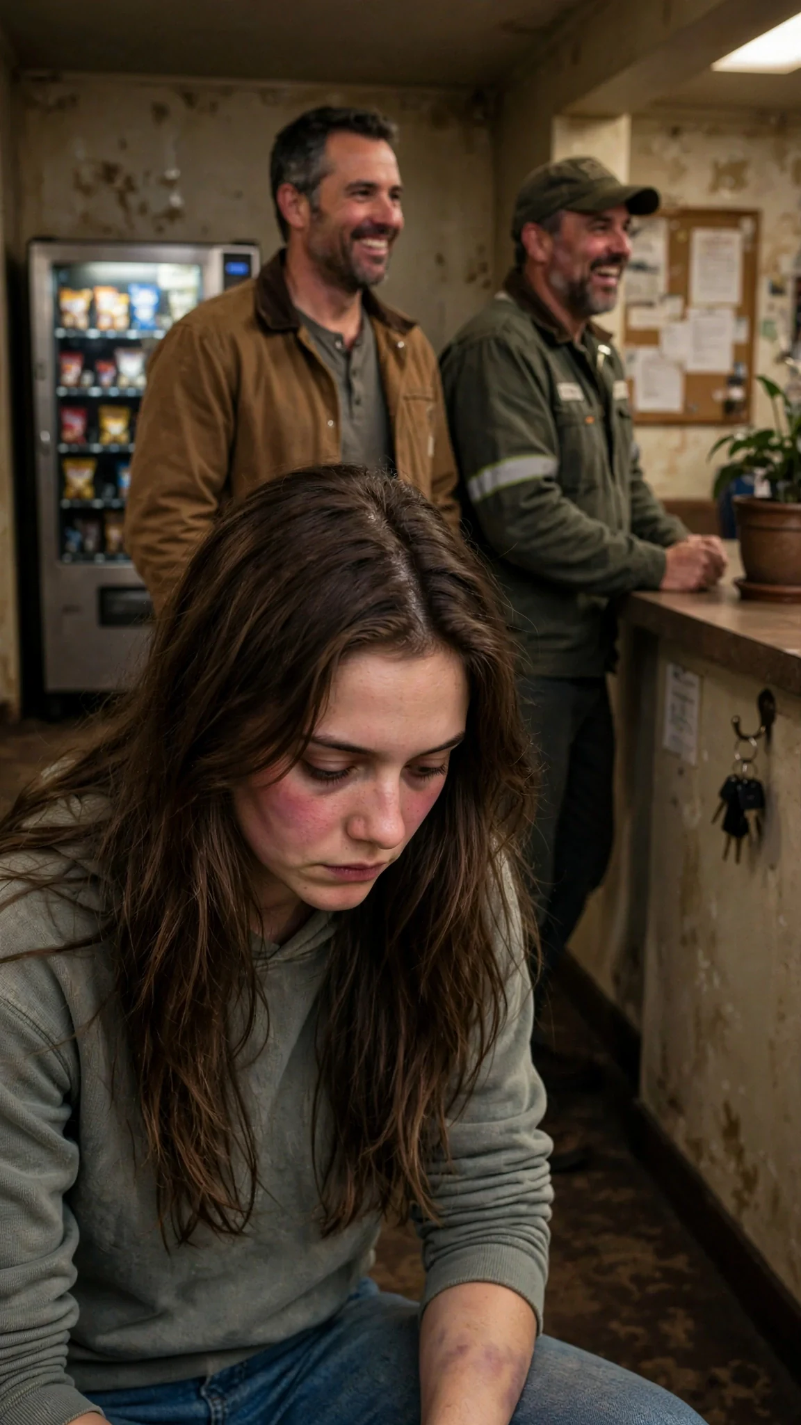 Two men by a vending machine grin while a young woman stares at the floor in a motel lobby.