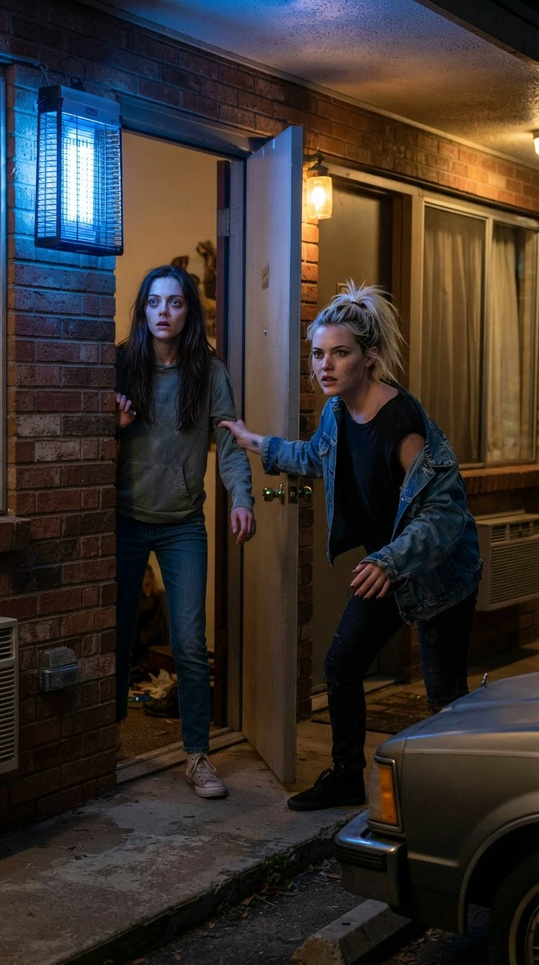 A blonde woman in a denim jacket bursts through a motel door and grabs her friend's arm.