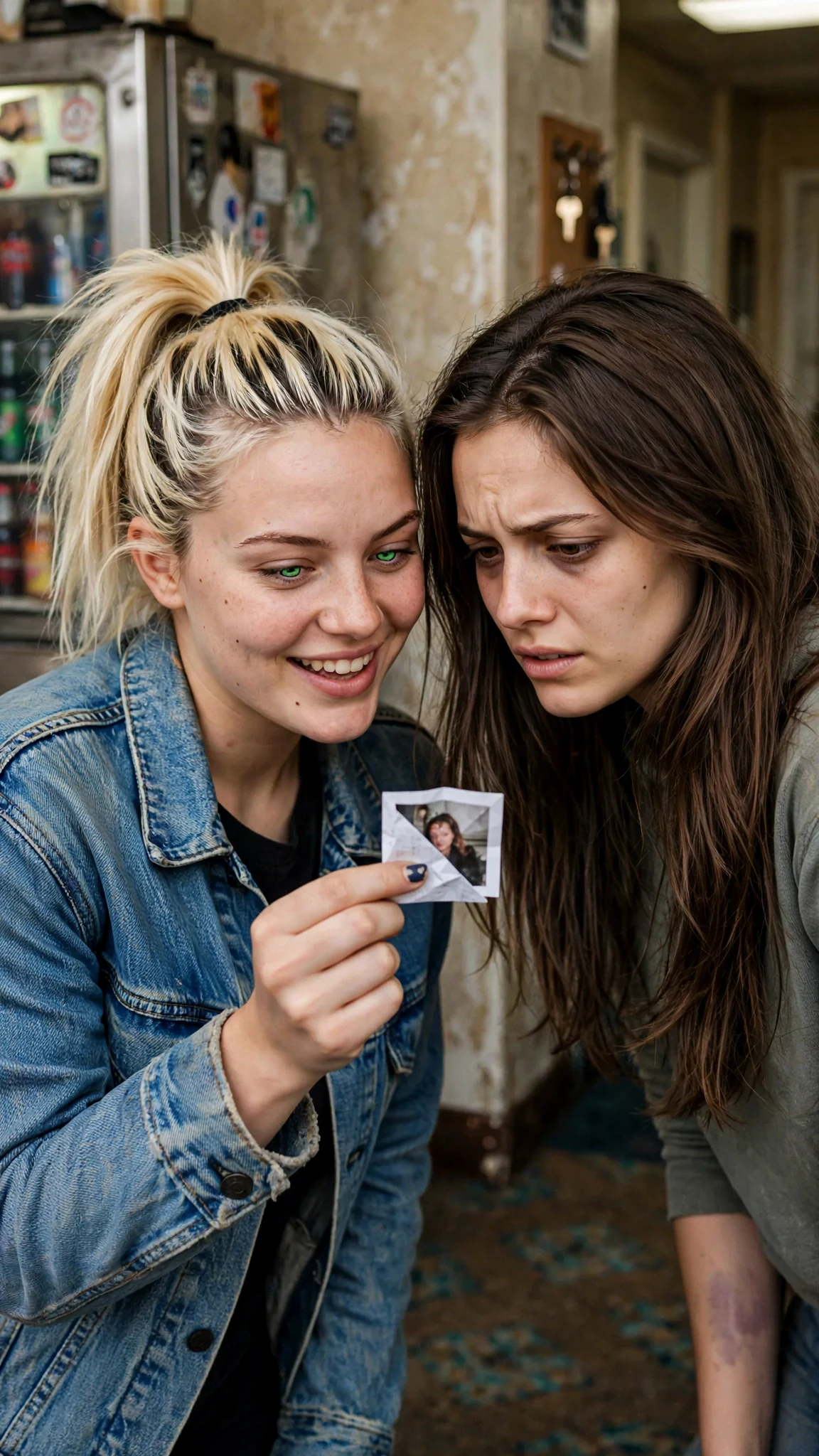 Two young women lean together beside a soda machine, one holding a small folded paper.