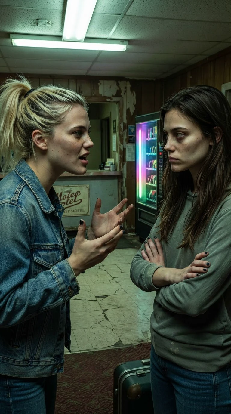 The blonde woman talks fast, hands moving, while her friend listens with a frown.