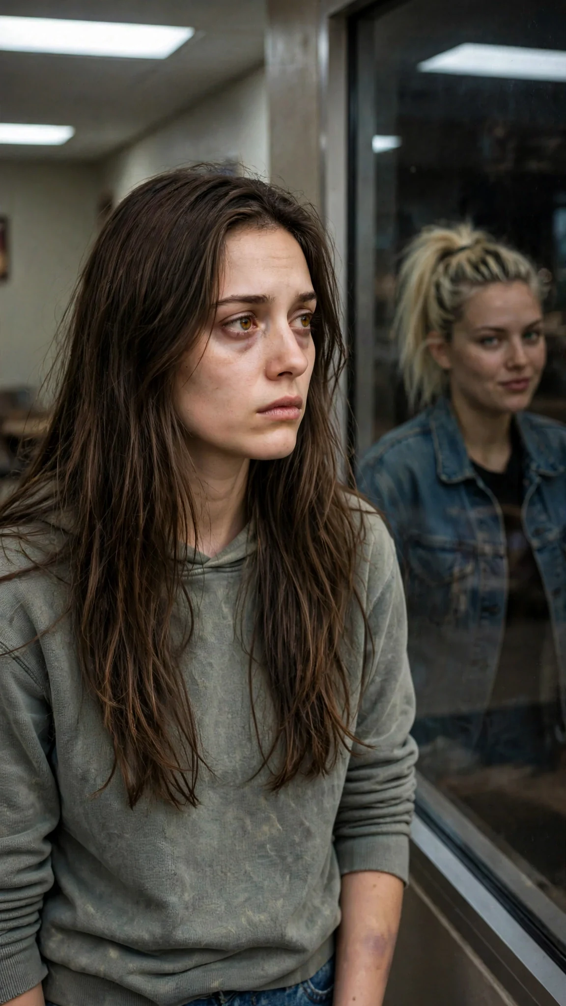 The thin woman stares past her friend at the dark window of the motel office.