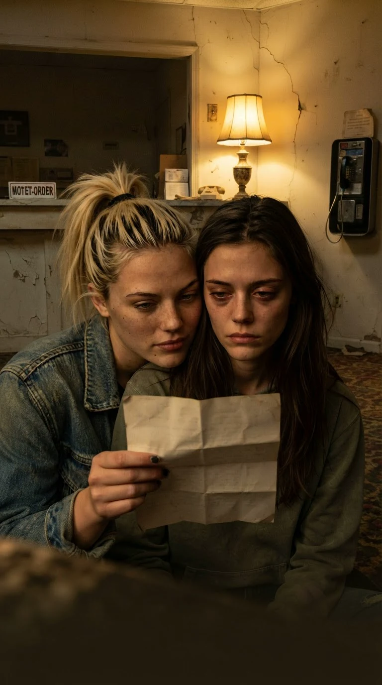 The blonde rests her chin on her friend's shoulder and reads the paper with her.
