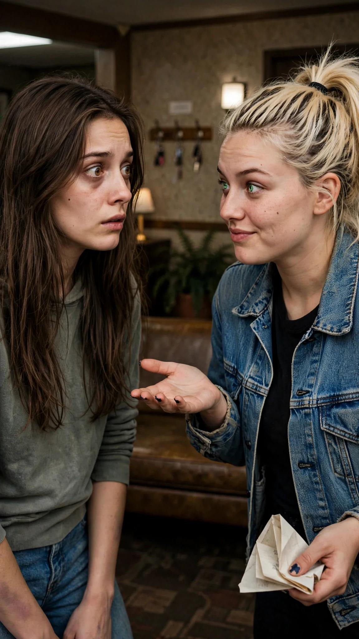 The thin woman turns to look at her friend, surprised, the paper between them.