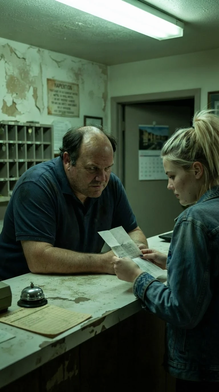 The heavy manager leans over the counter and stares at the folded paper in the blonde's hand.