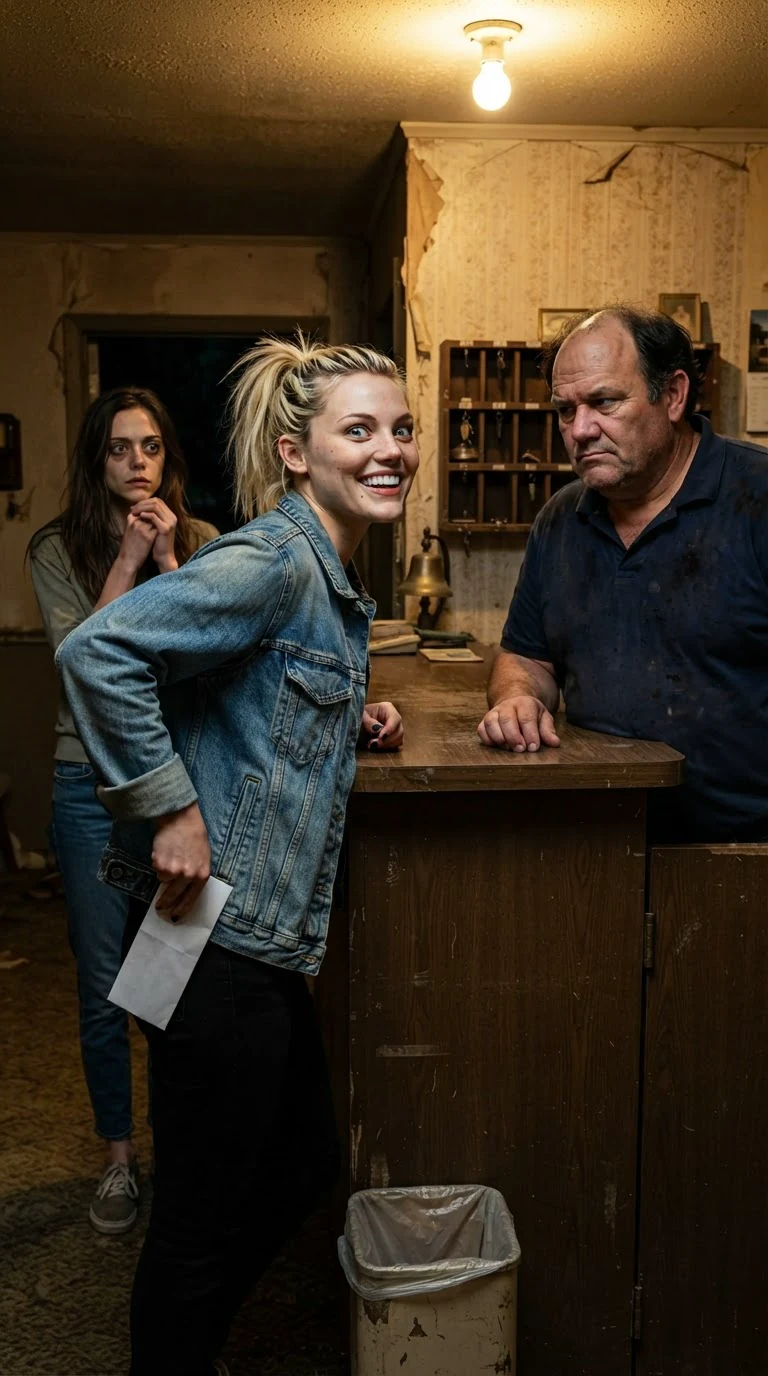 The blonde smiles a big fake smile at the manager while slipping the paper away.