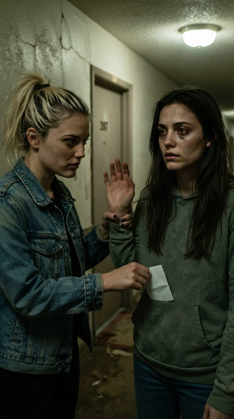 The blonde slides the folded paper into her friend's hoodie pocket and squeezes her wrist.