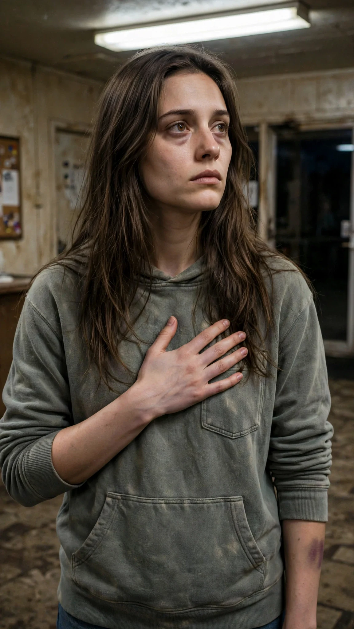 The thin woman stands alone in the motel office with one hand pressed to her chest pocket.