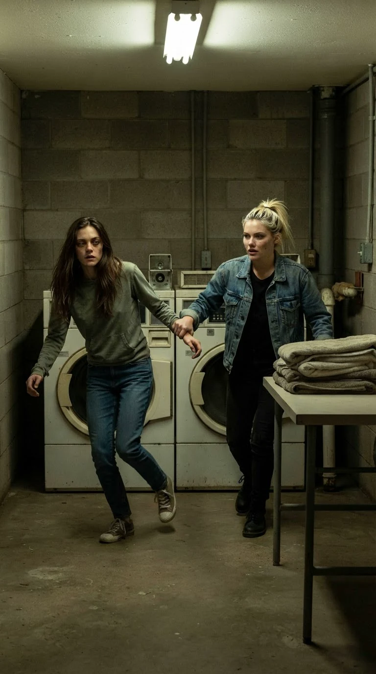 Kiki pulls Romy by the wrist into a cramped motel laundry room.