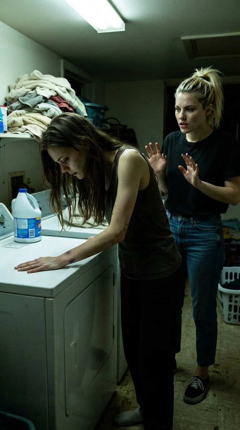 Romy grips the dryer as her legs go weak.