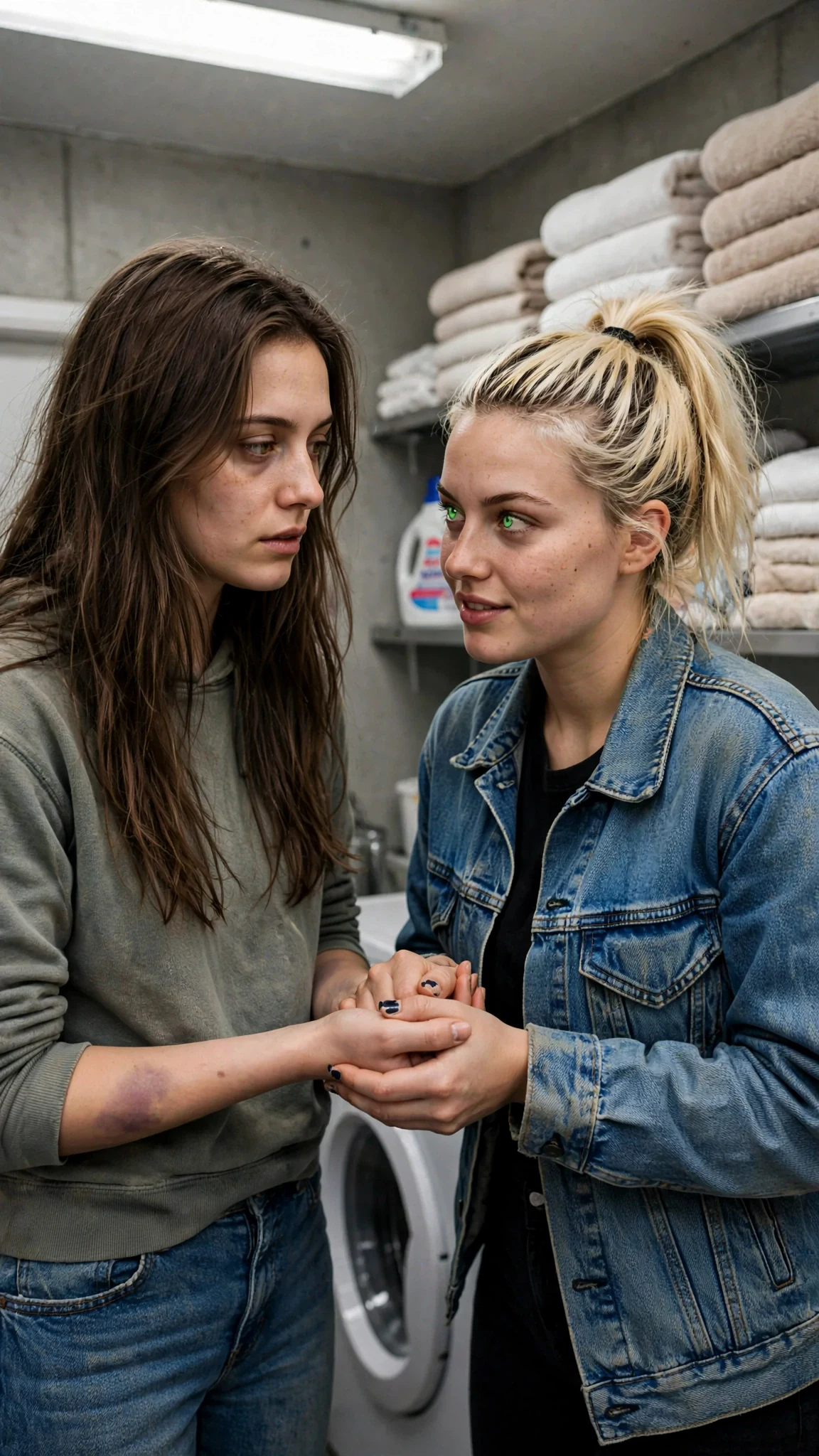 Romy puts out her hand and Kiki grabs it hard.
