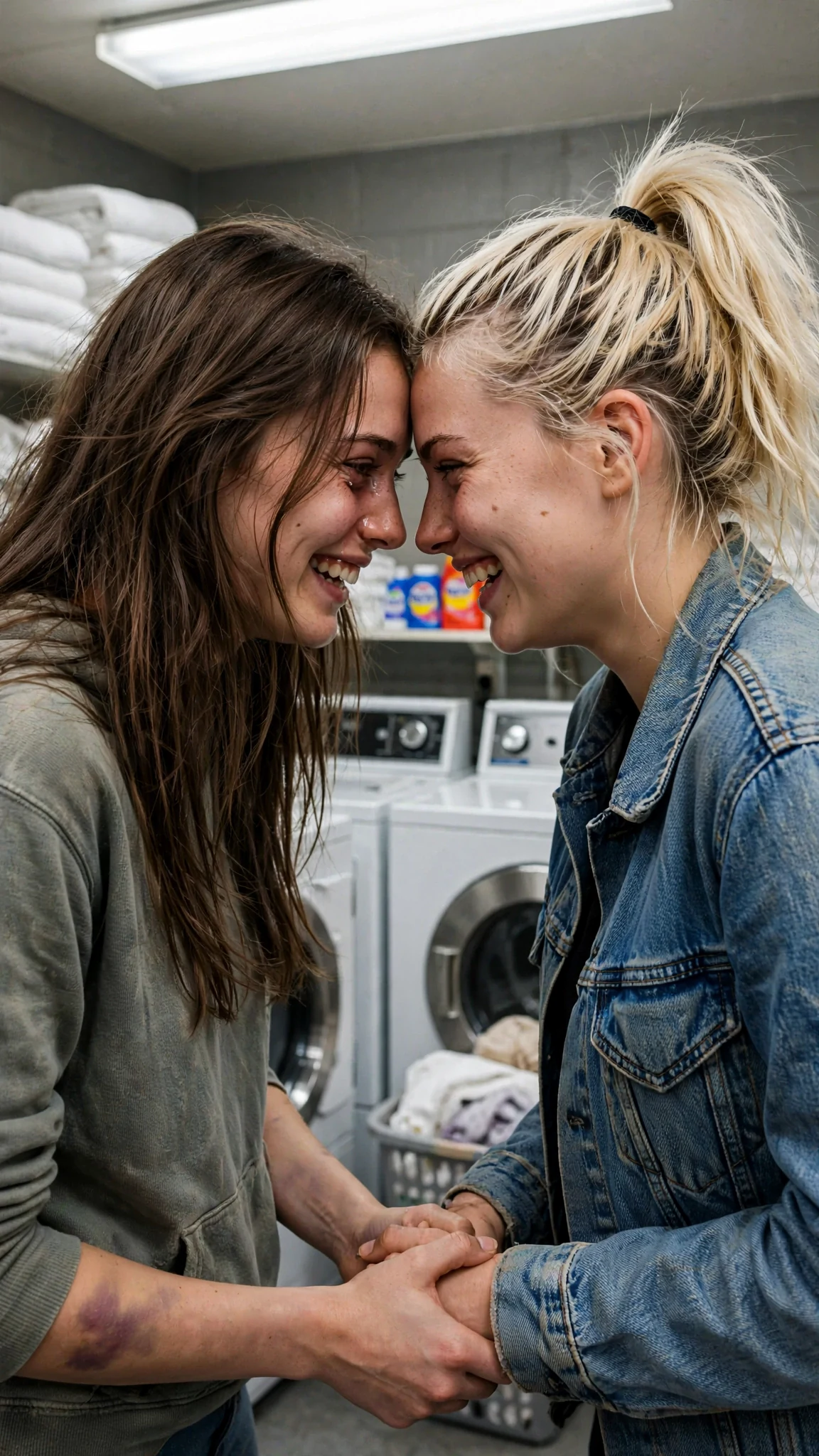 The two friends stand holding hands in the bleach-scented laundry room.