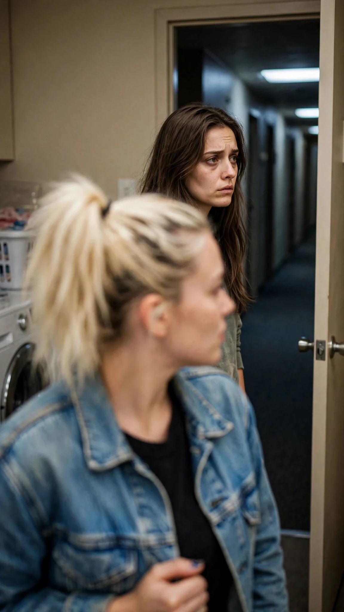Romy looks at the laundry door hanging open a crack.