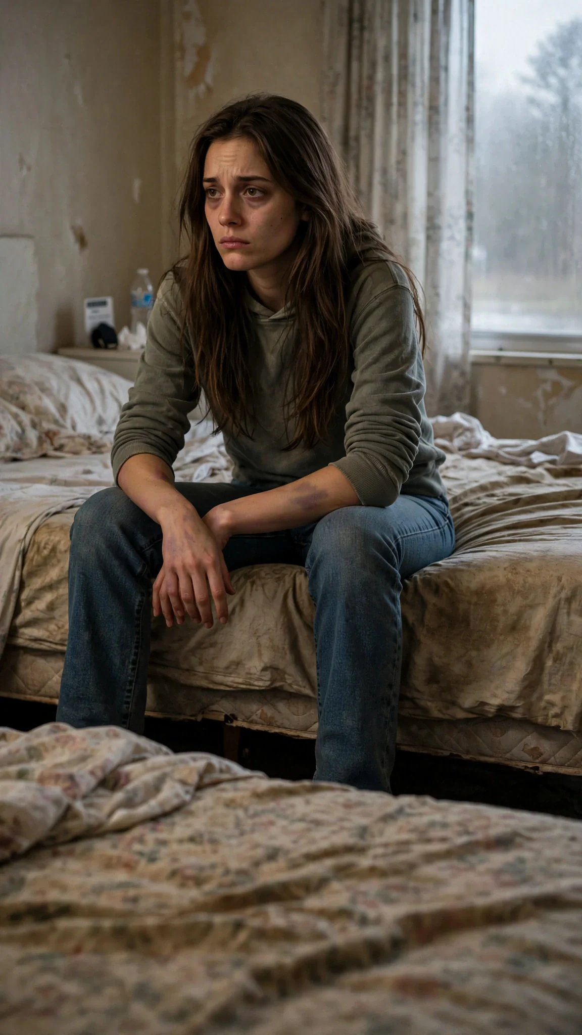 Romy sits on the edge of her bed at dawn, too wired to sleep.