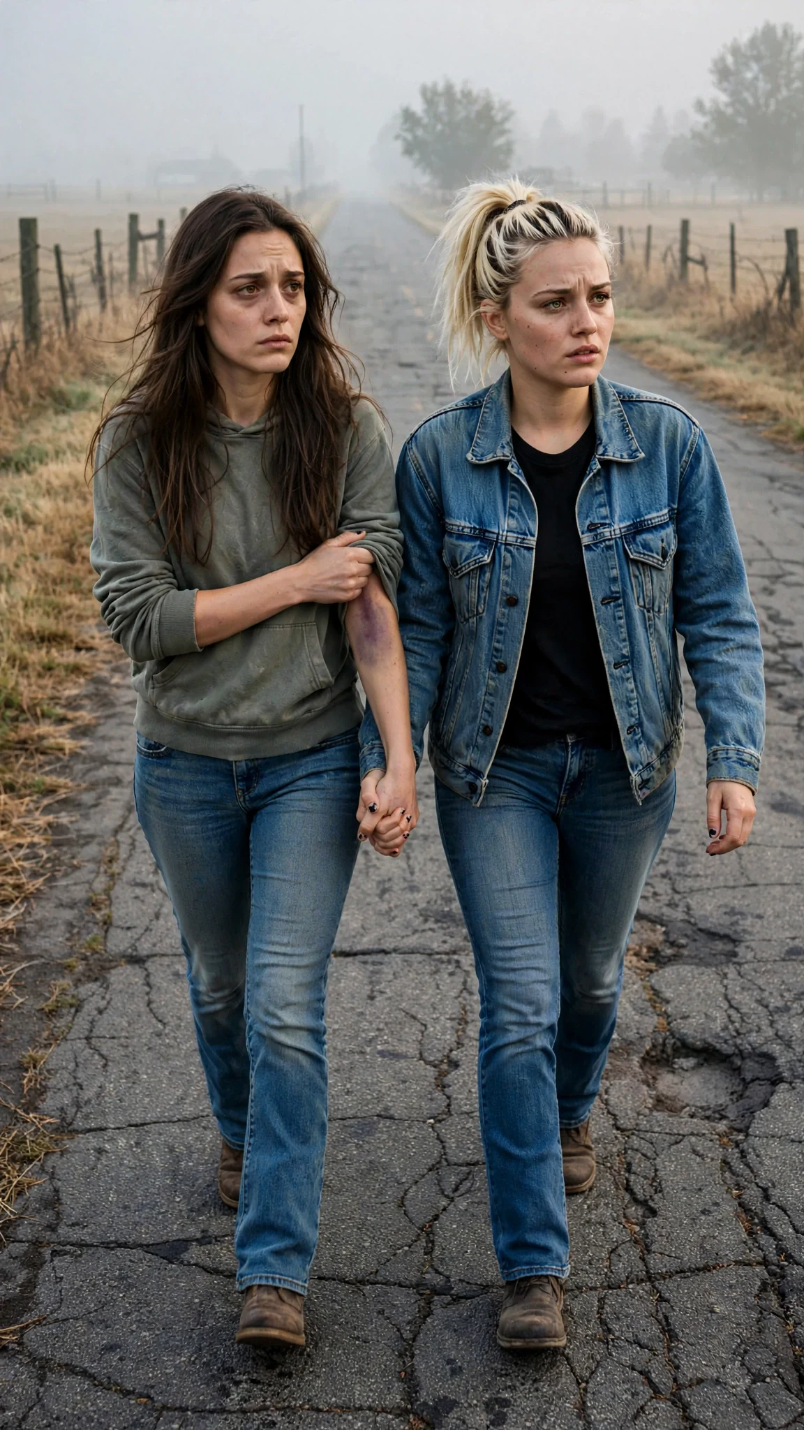 The two women walk the empty county road in morning light.