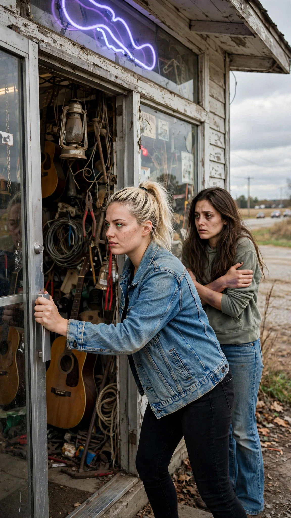 Kiki pushes open the door of a grimy pawn shop on the highway.