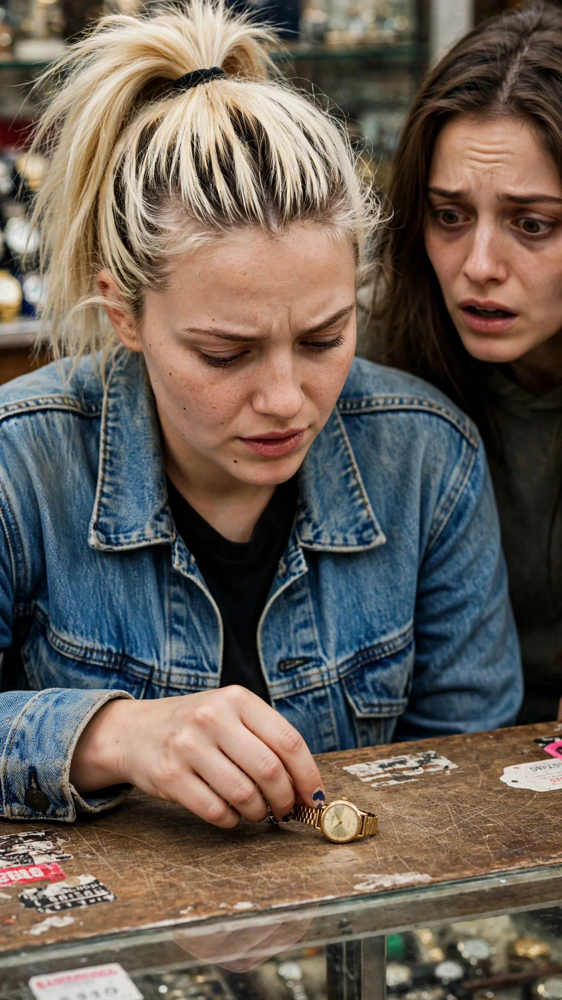 A small gold watch sits on the pawn shop counter under Kiki's hand.