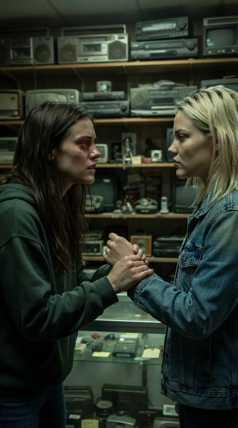 Romy grabs Kiki's arm, their faces close and tense.