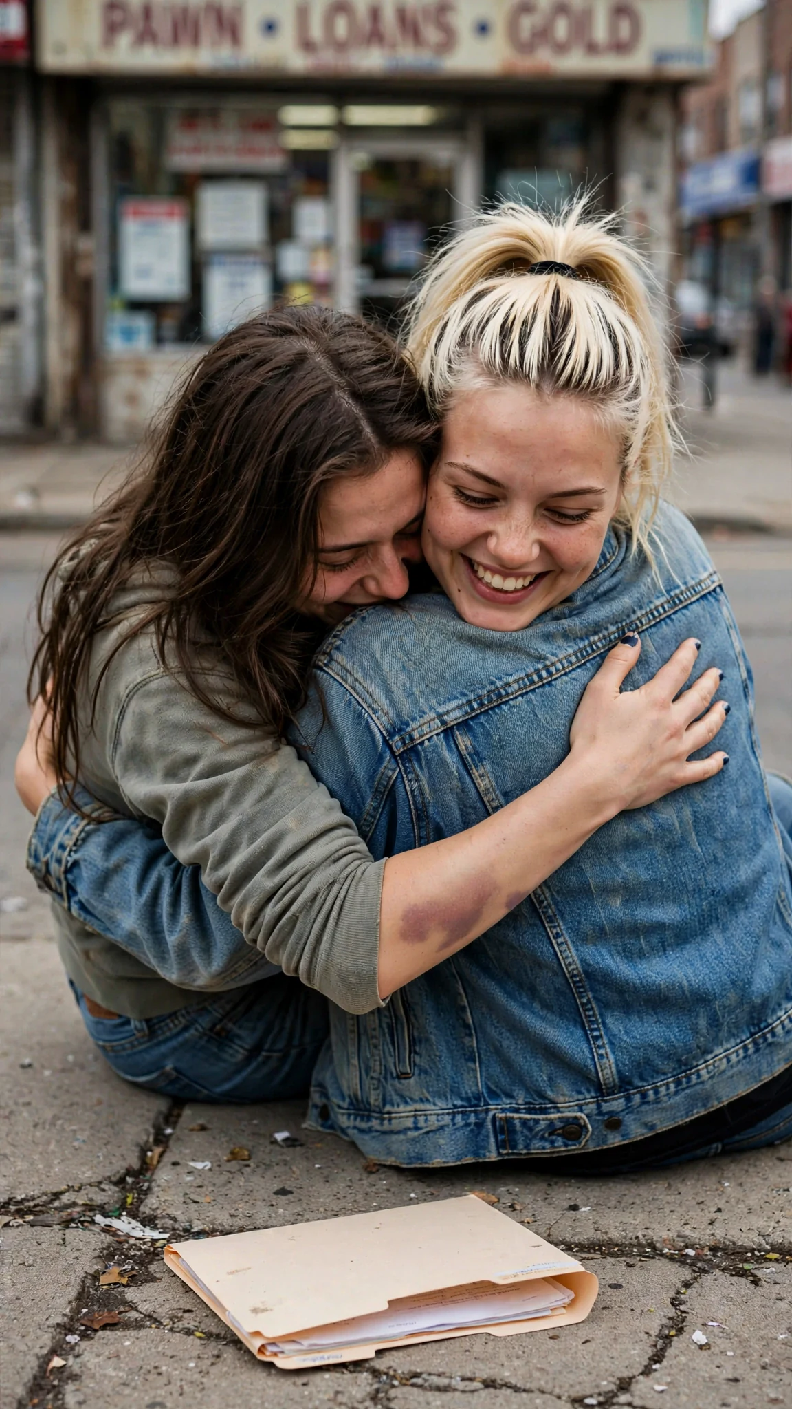 Romy hugs Kiki hard on the sidewalk outside the pawn shop.