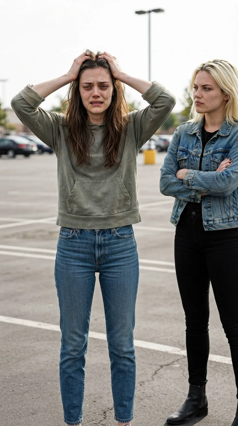 Romy stands in the empty space with both hands on her head.