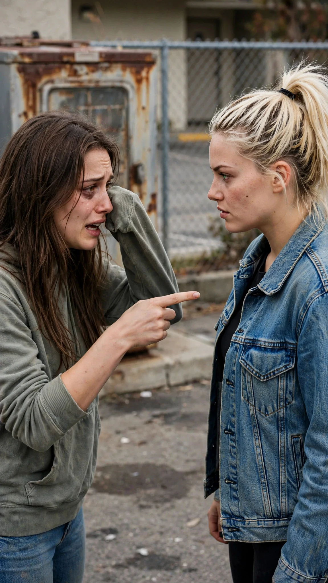 The two women face off in the parking lot, Romy's face wet.