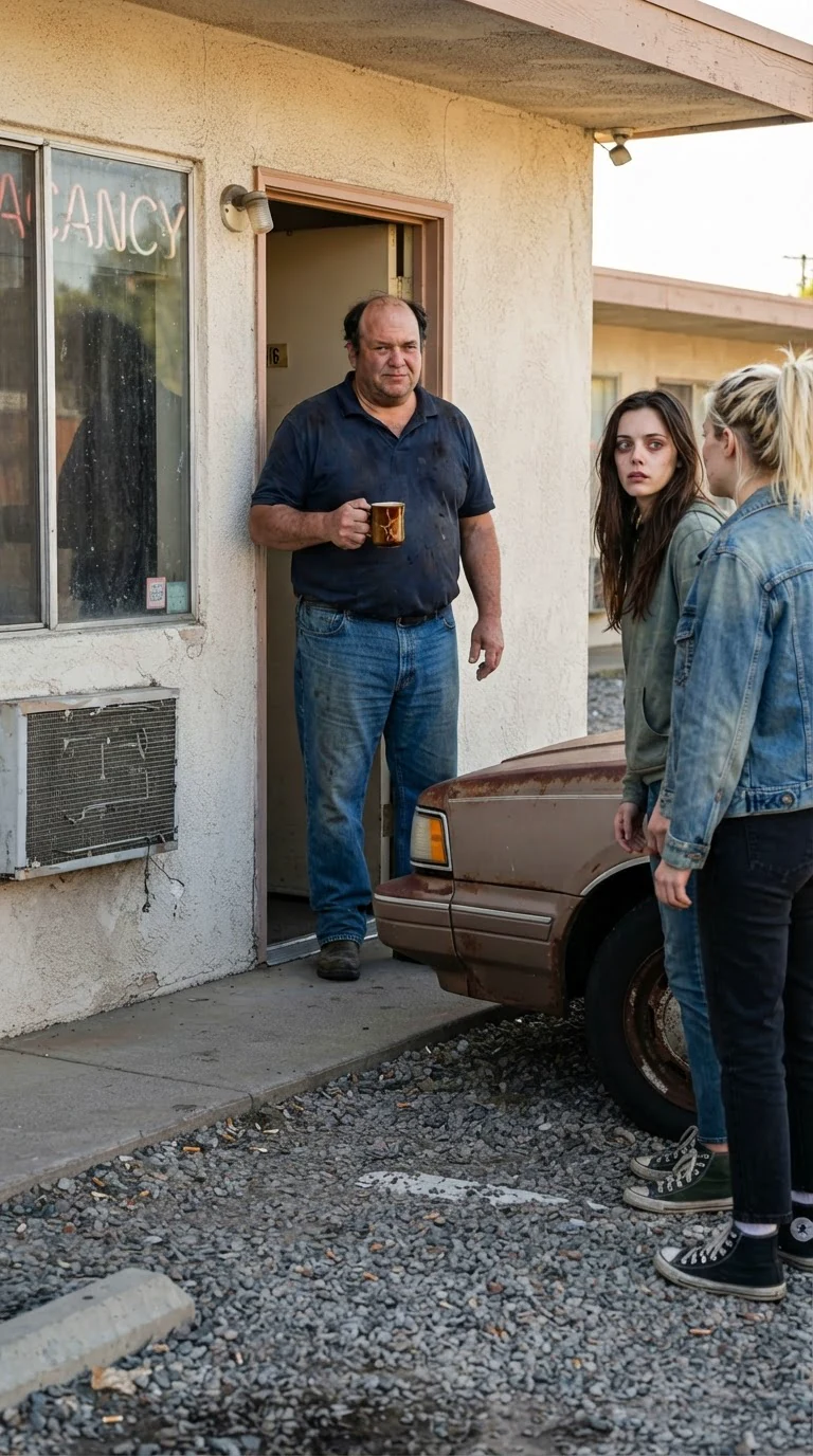 Curt steps out of the motel office with his coffee, eyes on the two women.