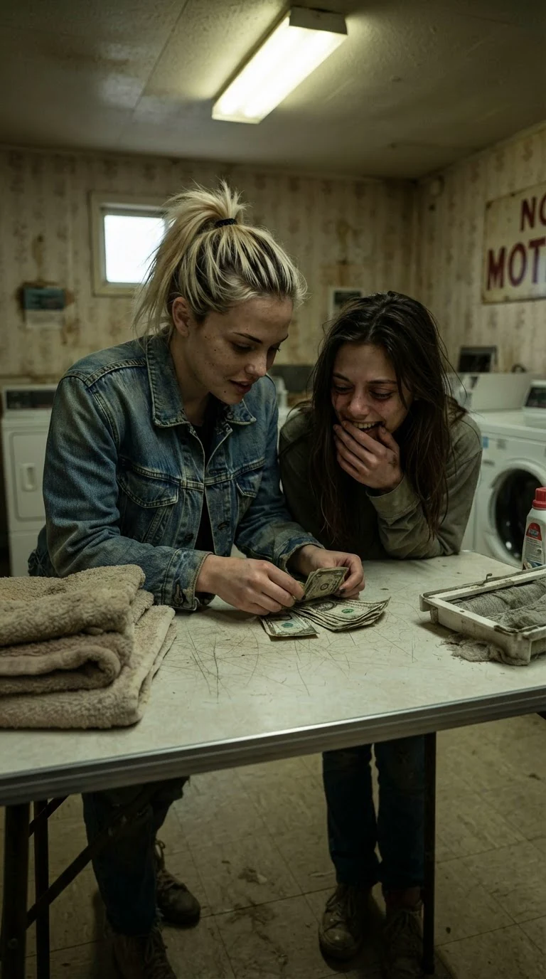 The two women count the leftover bills on the laundry folding table.