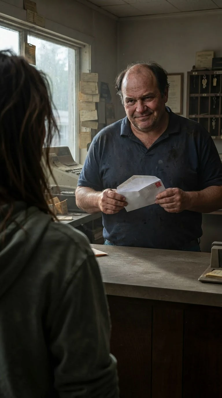 A heavy-set motel manager holds an opened white envelope behind the front desk at dawn.