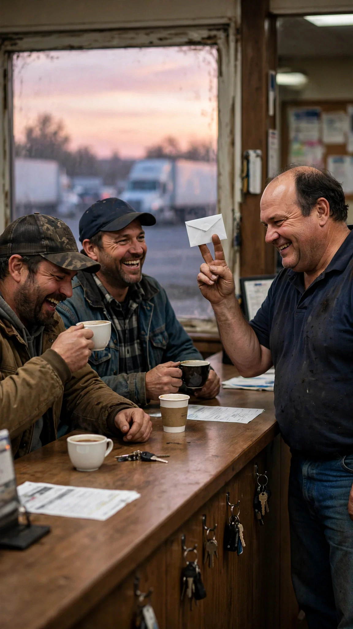 The manager waves the letter in the air while two truckers laugh at the counter.