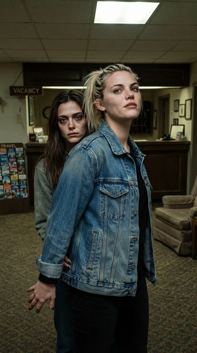 A blonde woman in a denim jacket steps up beside her friend with her chin out.