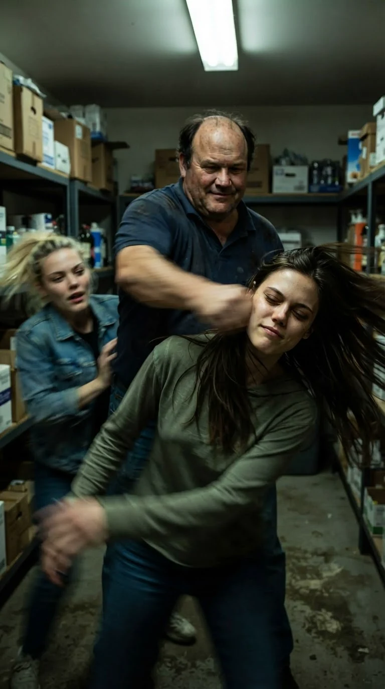 The back of a man's hand cracks across a young woman's face in the motel office.