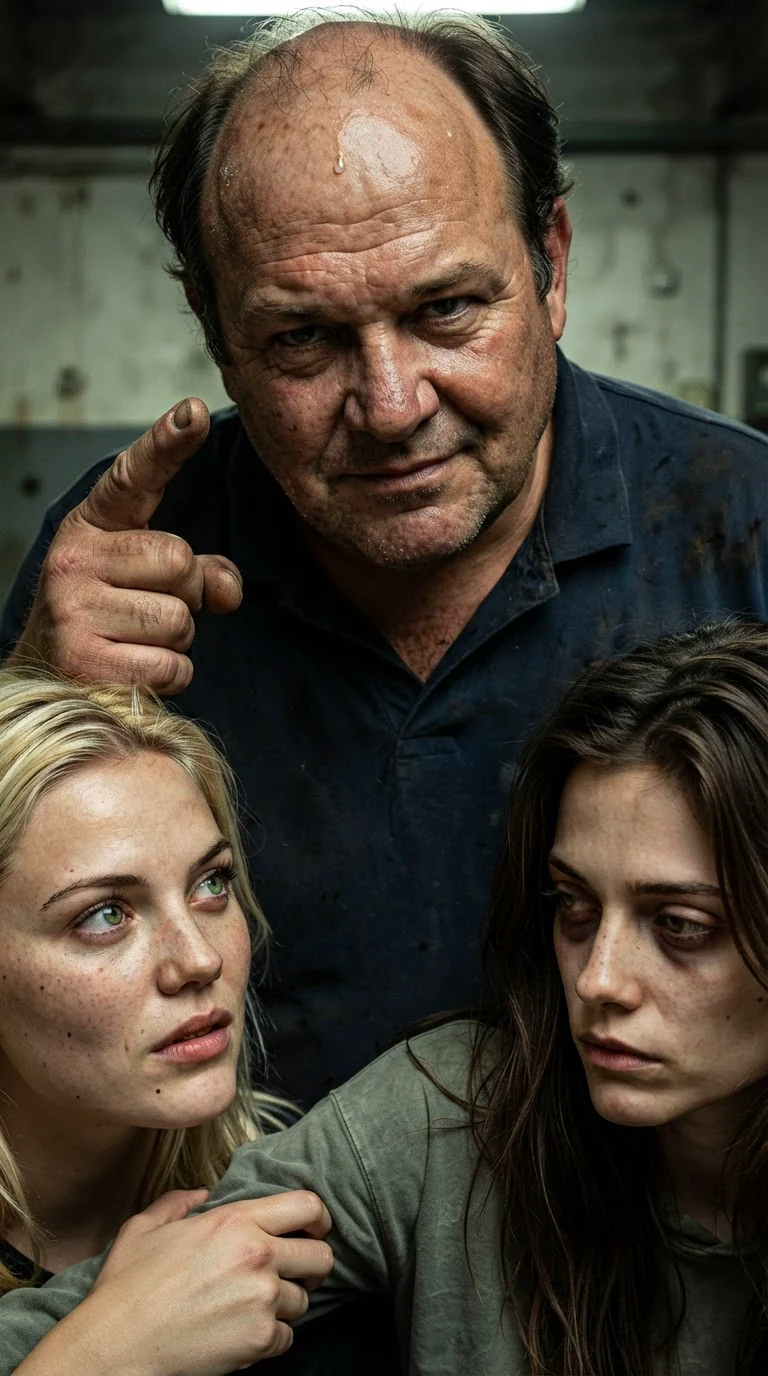 The manager points a thick finger at the two women, threatening them quietly.