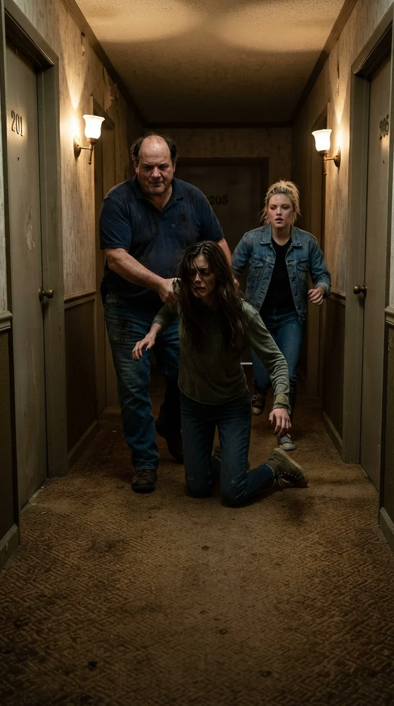 The manager hauls a young woman down a narrow motel hallway by the arm.