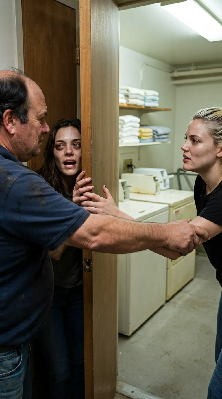 A man shoves a young woman through a laundry room door and pulls it shut.