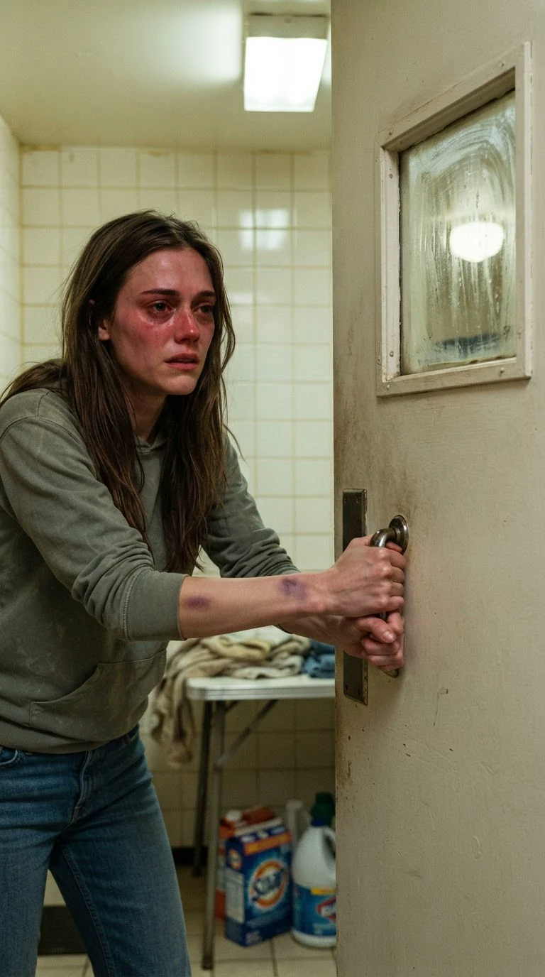 A young woman alone in a laundry room rattles the door handle and screams.