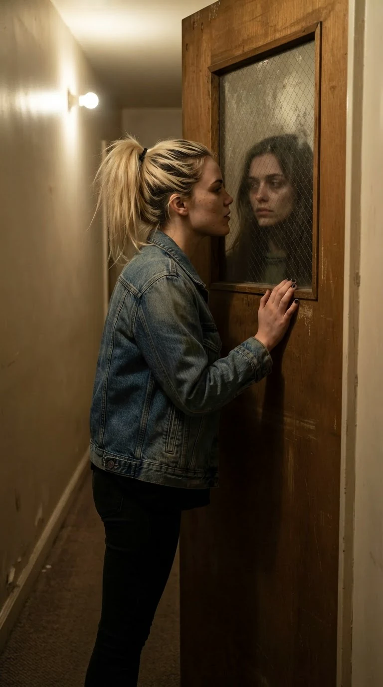 A blonde woman presses her face to a small dirty window in a laundry room door.
