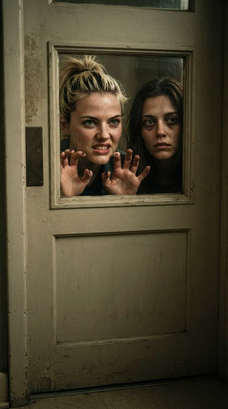 Two friends argue through a locked door, one furious, one desperate.