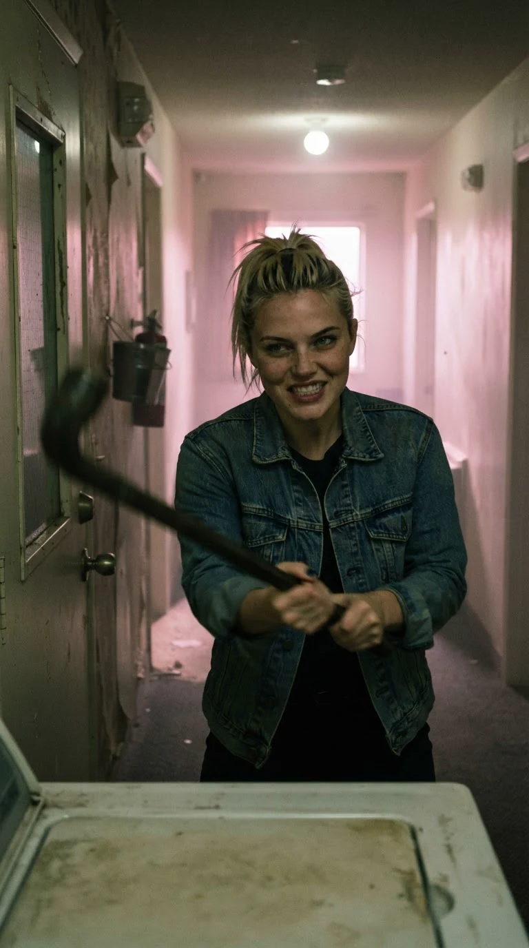 A blonde woman swings a long tire iron at a small window with dawn light behind her.