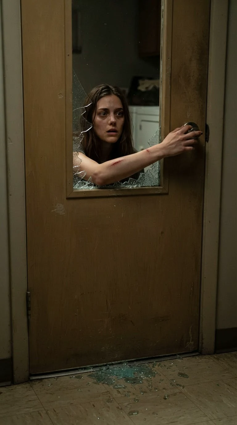 A bare arm reaches through a broken window into a laundry room and turns a deadbolt.