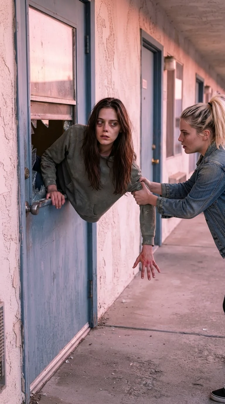 A young woman climbs out through a broken door window onto an asphalt lot at sunrise.