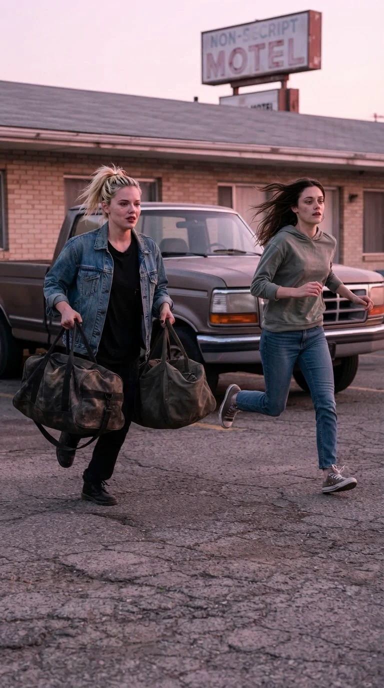 Two young women run across a motel parking lot with their bags.