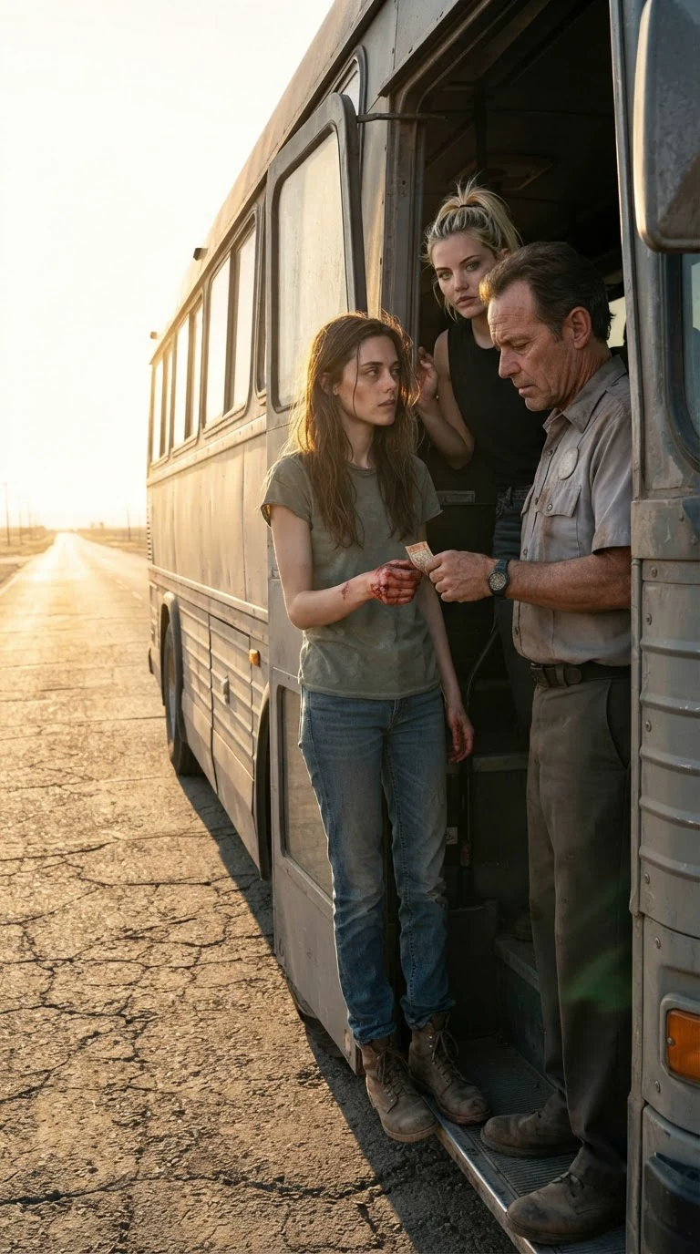 A bus driver takes a torn ticket from a woman with a bleeding hand.