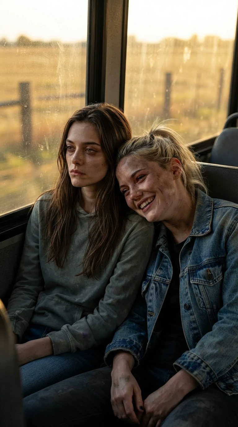 Two friends slump together in a bus seat as the road rolls under them at dawn.