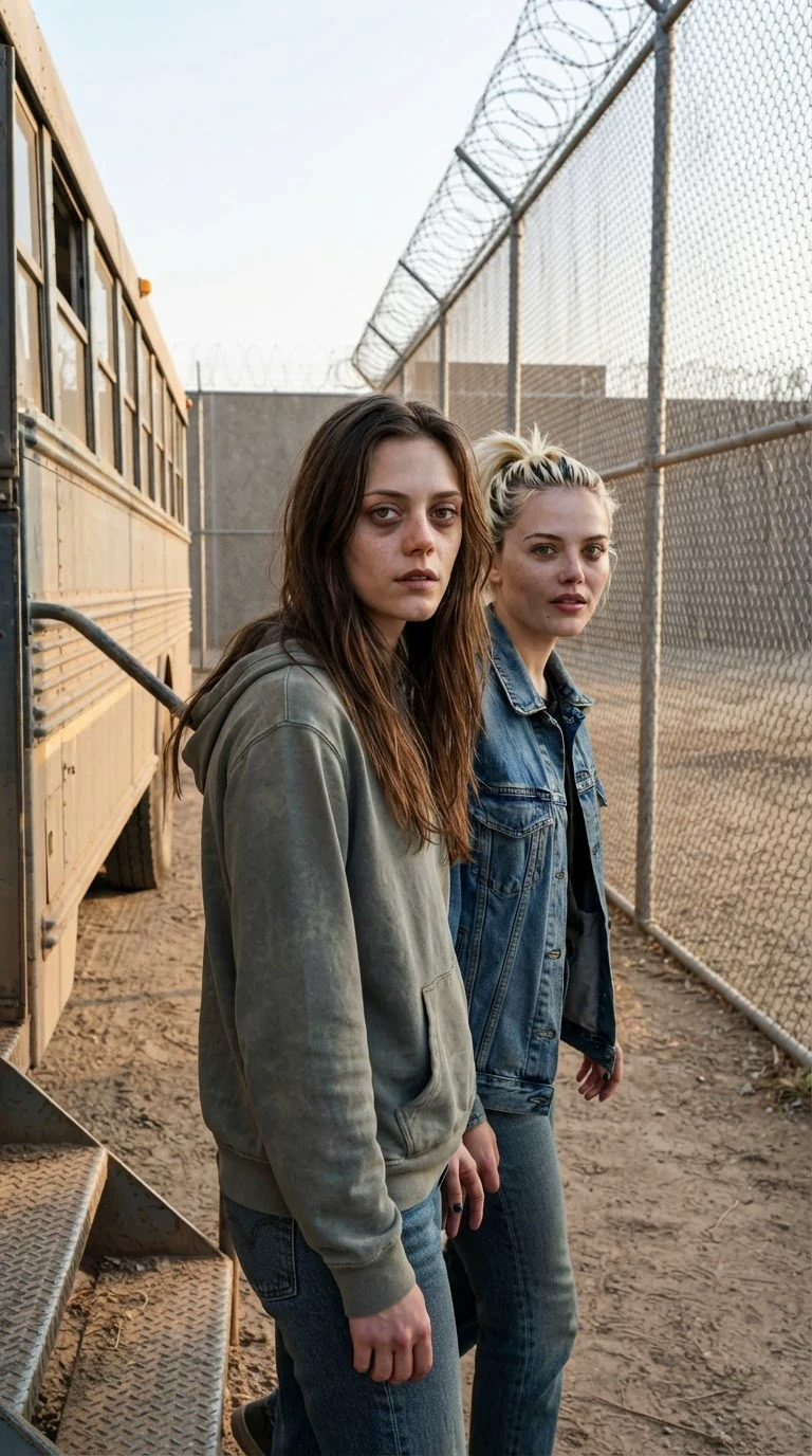 Romy and Kiki step off a bus in front of Redgate's tall fence.