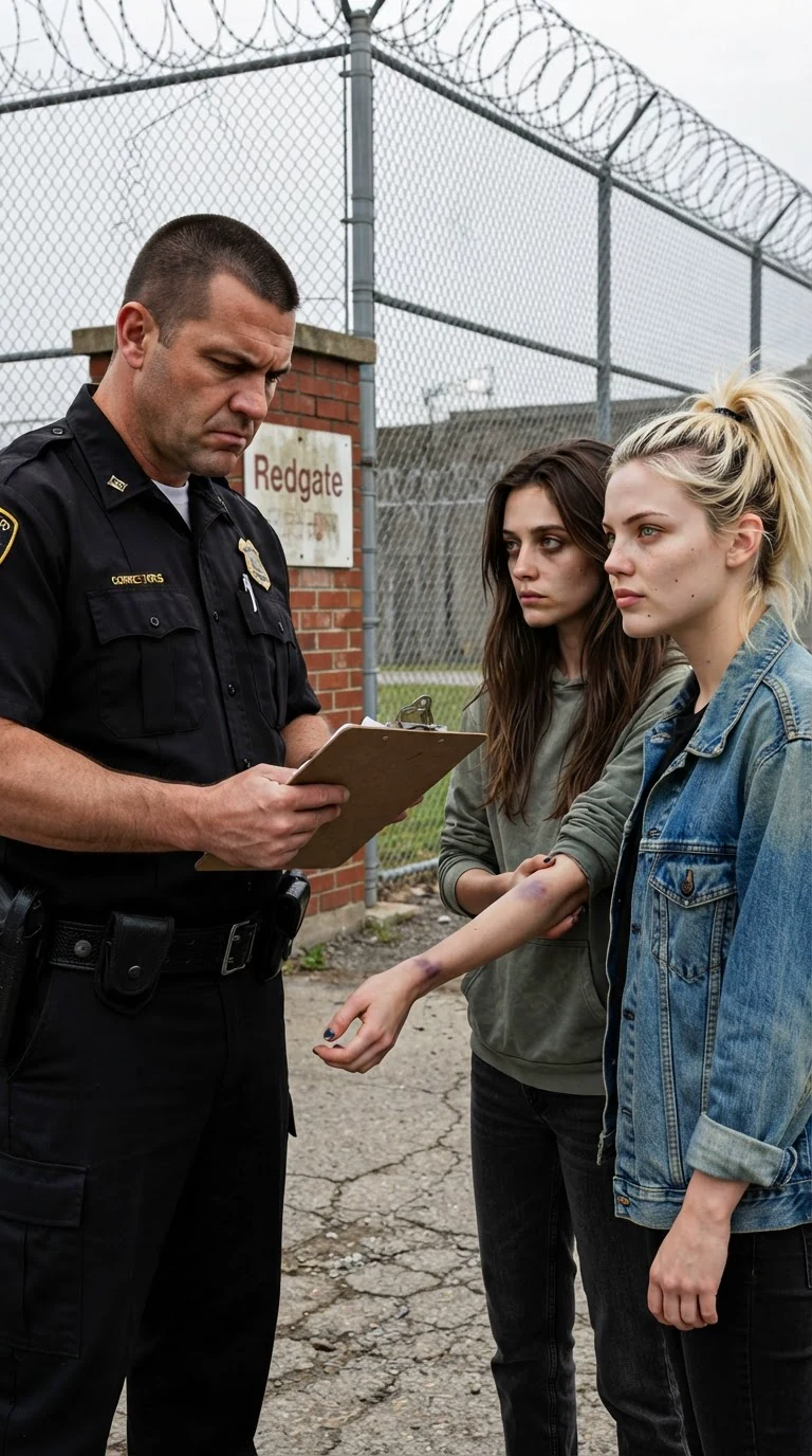 A guard at the gate stares at the bruise on Romy's arm.