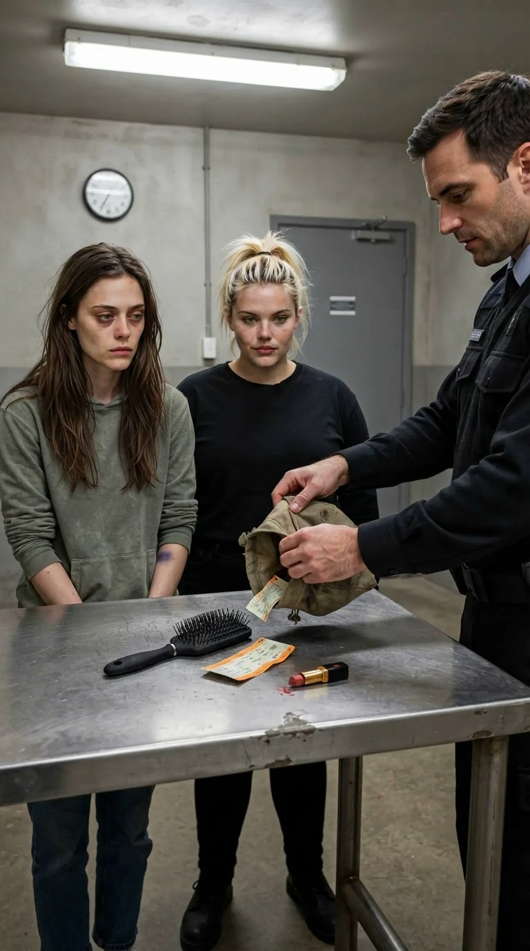 A guard dumps Romy's bag on an intake table.