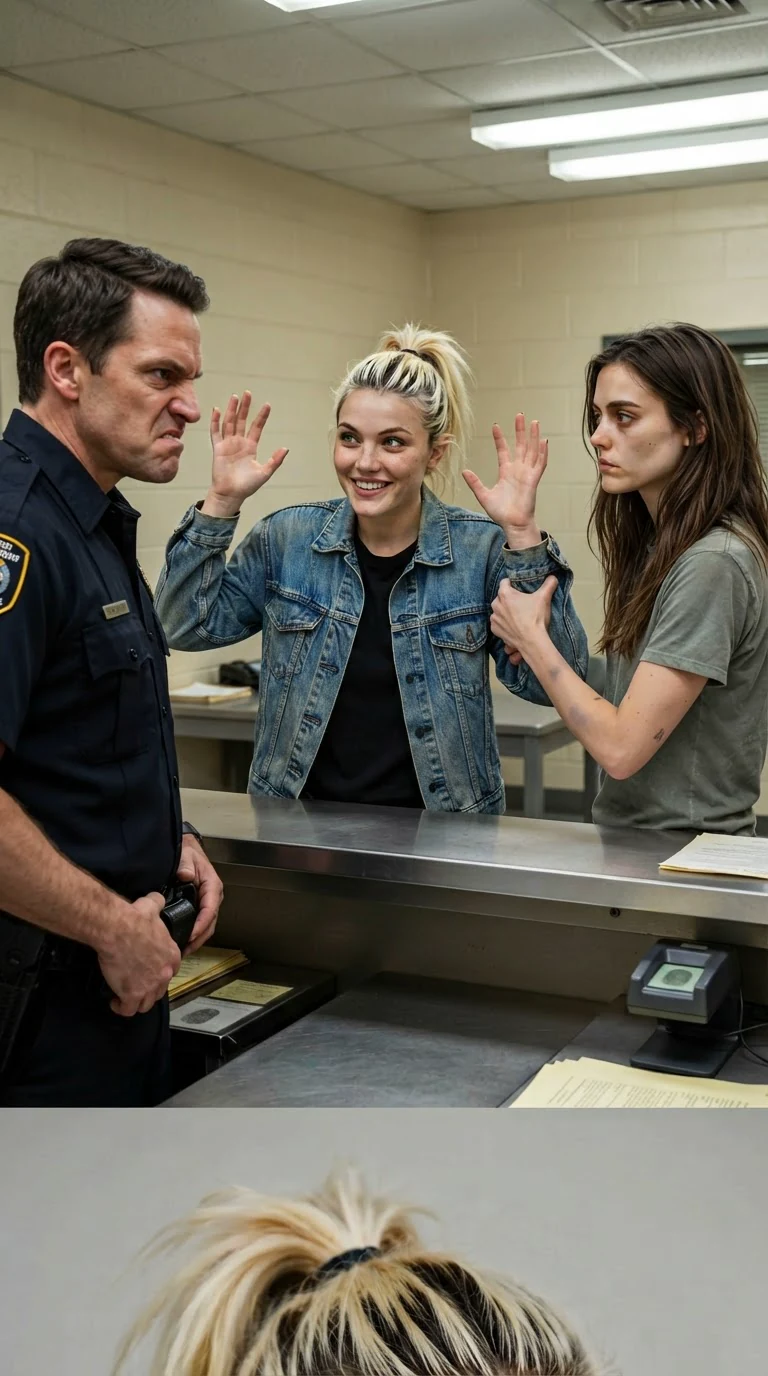 Kiki holds her hands up at a guard, smirking.