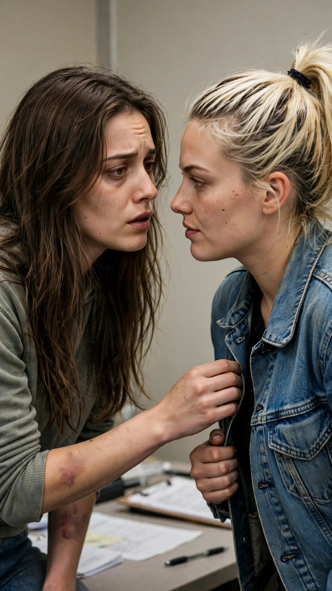 Romy whispers to Kiki in the intake office, scared.