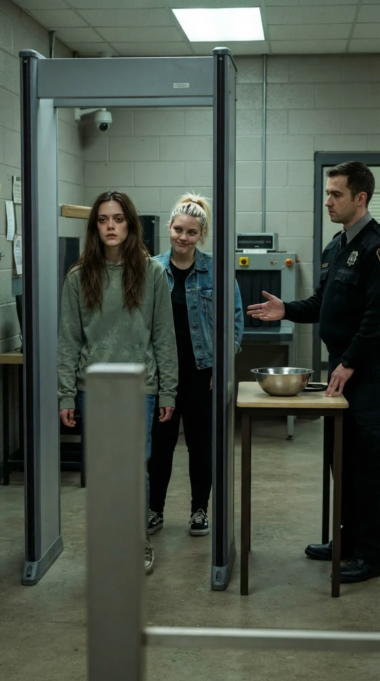 Romy walks through a metal detector while Kiki waits.