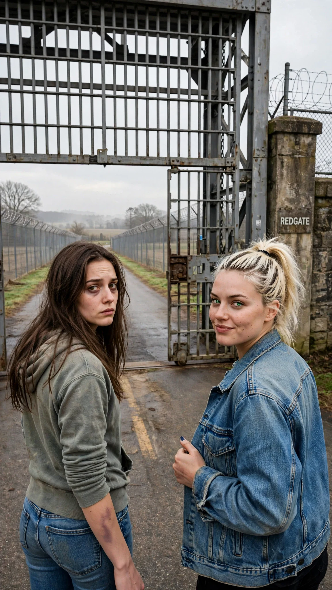 Romy and Kiki walk through the second gate as it rolls shut.